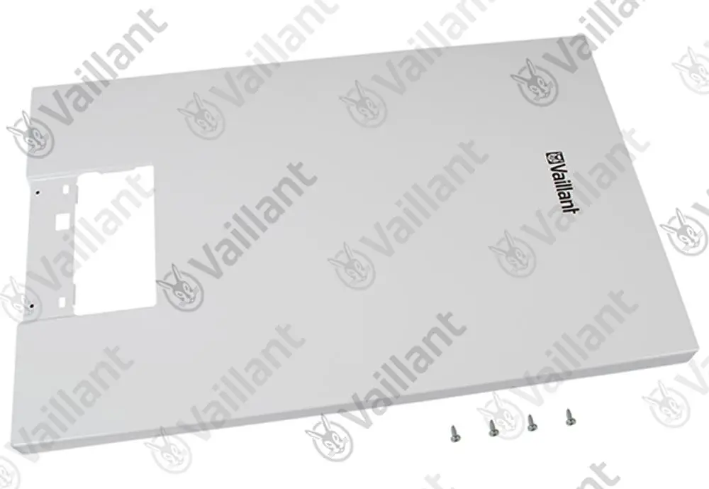 Frontblech in heller Ausführung mit Aussparung und montierbaren Schrauben, hergestellt von Vaillant. Ideal für spezifische Heizungsmodelle.